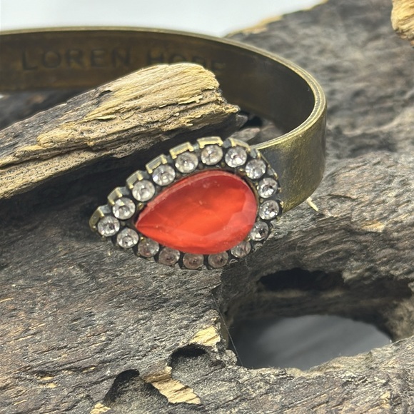 Loren Hope Sarra Red Crystal Cuff Antiqued Brass Bracelet - Picture 4 of 8